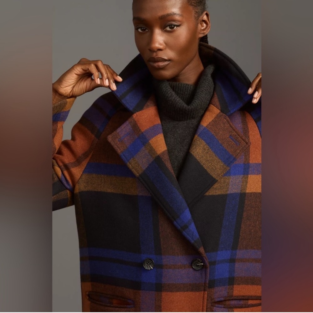 Anthropologie Brown, Blue & Black Plaid Wool-Blend Double-Breasted Pea Coat - Picture 10 of 10
